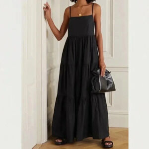 Matteau Tiered Maxi Long Cotton Square Neck Sundress Black Sz 10